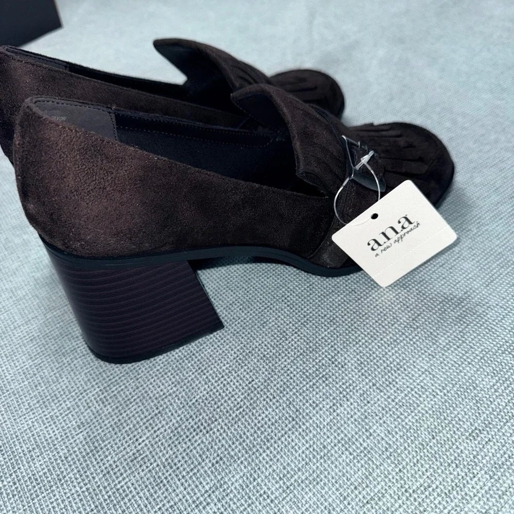ANA Faxon Chocolate Brown Faux Suede Kiltie Fringe Block Heel Loafers Womens 10M